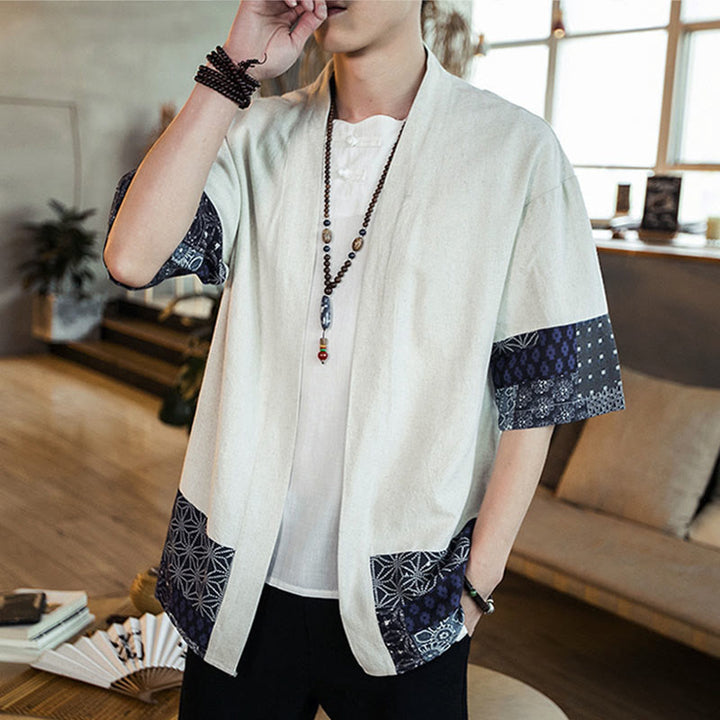 Giacca da uomo in cotone e lino con stampa etnica patchwork Buddha Stones e maniche corte, aperta sul davanti - image 14