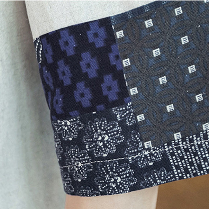 Giacca da uomo in cotone e lino con stampa etnica patchwork Buddha Stones e maniche corte, aperta sul davanti - image 20