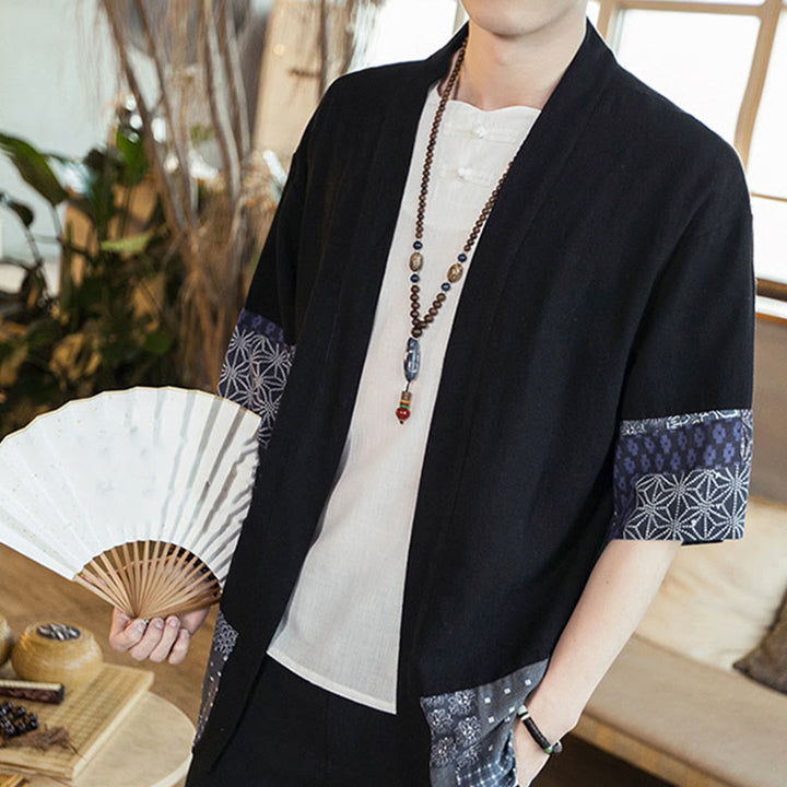 Giacca da uomo in cotone e lino con stampa etnica patchwork Buddha Stones e maniche corte, aperta sul davanti - image 5