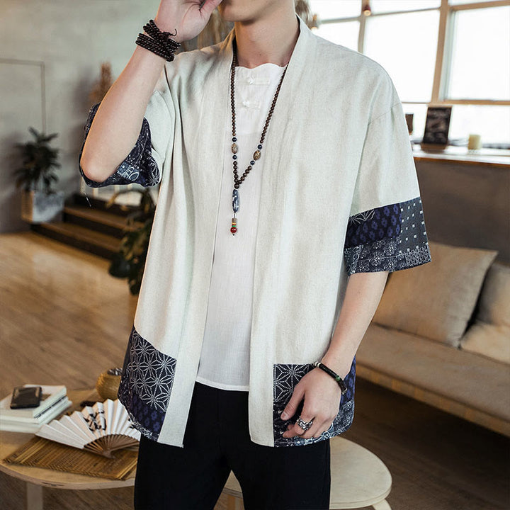 Giacca da uomo in cotone e lino con stampa etnica patchwork Buddha Stones e maniche corte, aperta sul davanti - image 16
