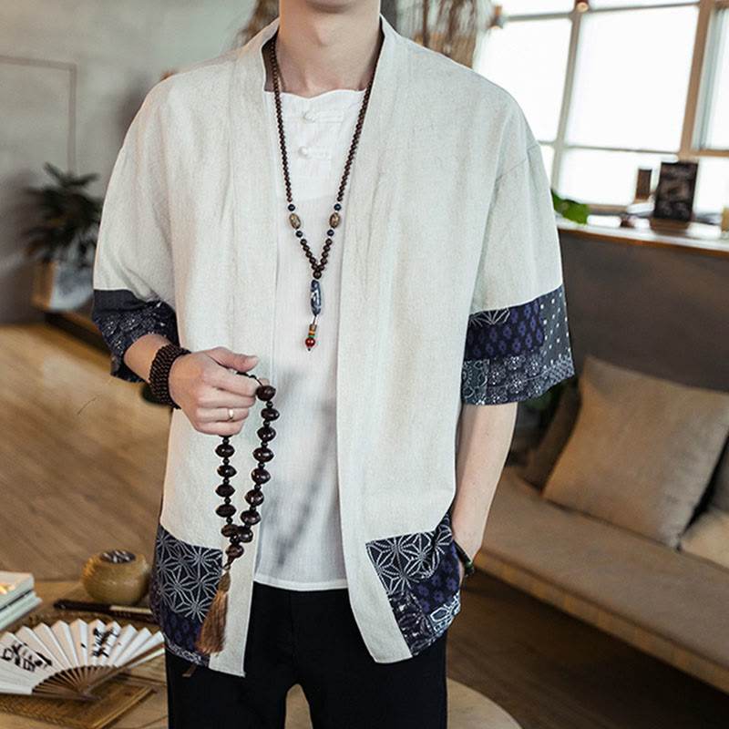 Giacca da uomo in cotone e lino con stampa etnica patchwork Buddha Stones e maniche corte, aperta sul davanti - image 11