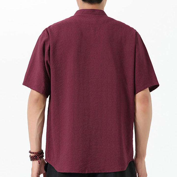 Camicia da uomo in cotone con collo alto, maniche corte, ricamo vintage Buddha Stones e bottoni - image 3