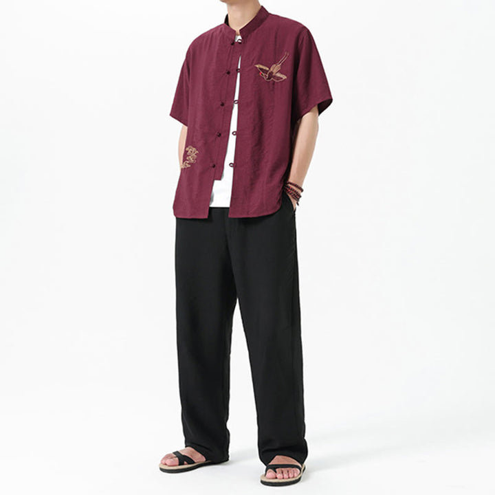 Camicia da uomo in cotone con collo alto, maniche corte, ricamo vintage Buddha Stones e bottoni - image 8