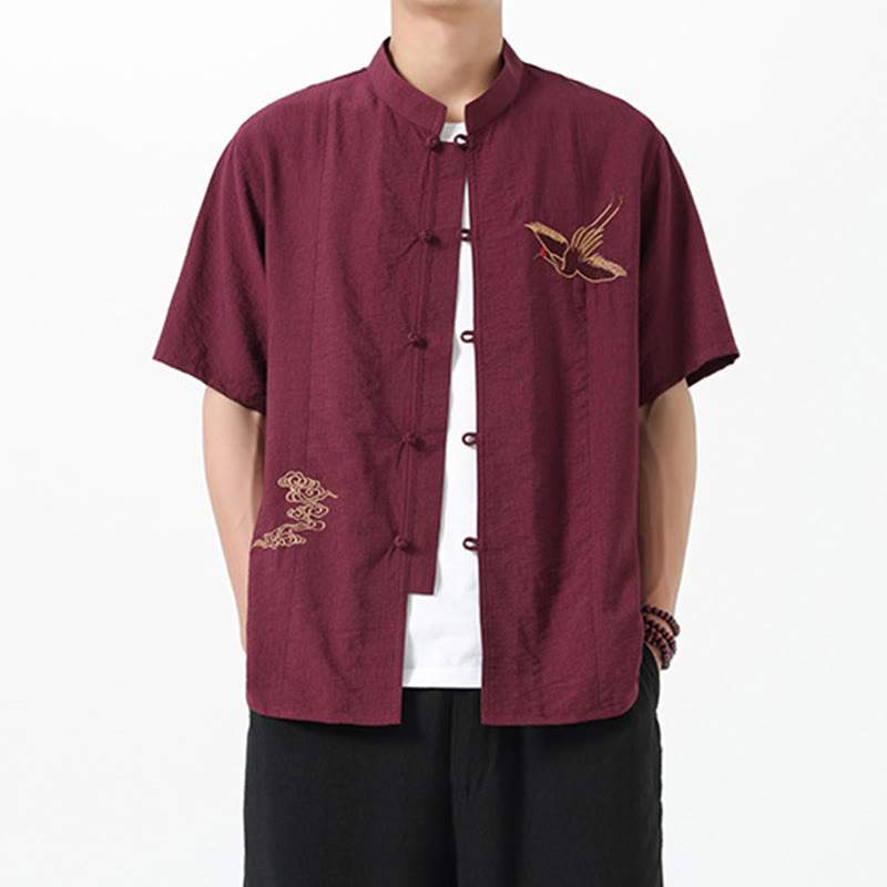 Camicia da uomo in cotone con collo alto, maniche corte, ricamo vintage Buddha Stones e bottoni - Marrone - US/UK/AU42, EU52 (3XL) - image 1
