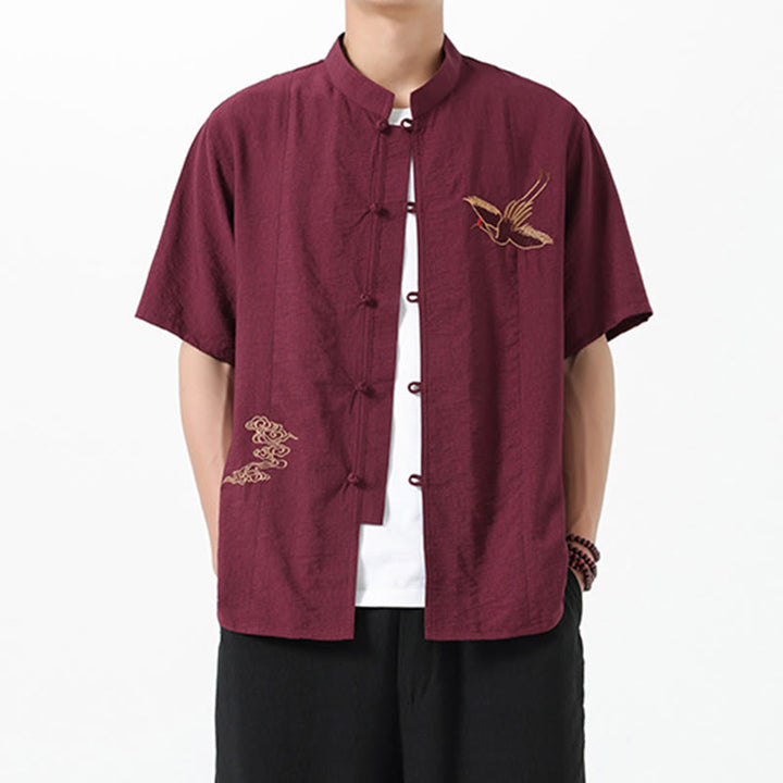 Camicia da uomo in cotone con collo alto, maniche corte, ricamo vintage Buddha Stones e bottoni - Marrone - US/UK/AU42, EU52 (3XL) - image 1