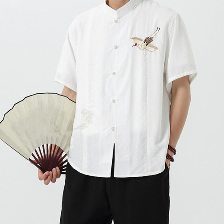 Camicia da uomo in cotone con collo alto, maniche corte, ricamo vintage Buddha Stones e bottoni - image 15