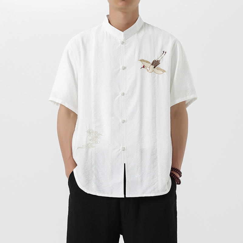 Camicia da uomo in cotone con collo alto, maniche corte, ricamo vintage Buddha Stones e bottoni - Bianco - US/UK/AU42, EU52 (3XL) - image 9