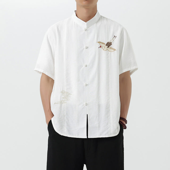 Camicia da uomo in cotone con collo alto, maniche corte, ricamo vintage Buddha Stones e bottoni - Bianco - US/UK/AU42, EU52 (3XL) - image 9