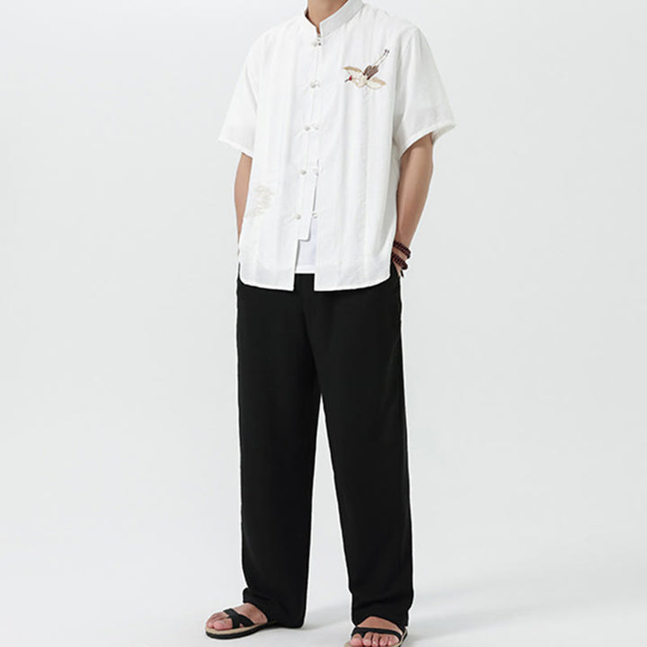 Camicia da uomo in cotone con collo alto, maniche corte, ricamo vintage Buddha Stones e bottoni - image 20