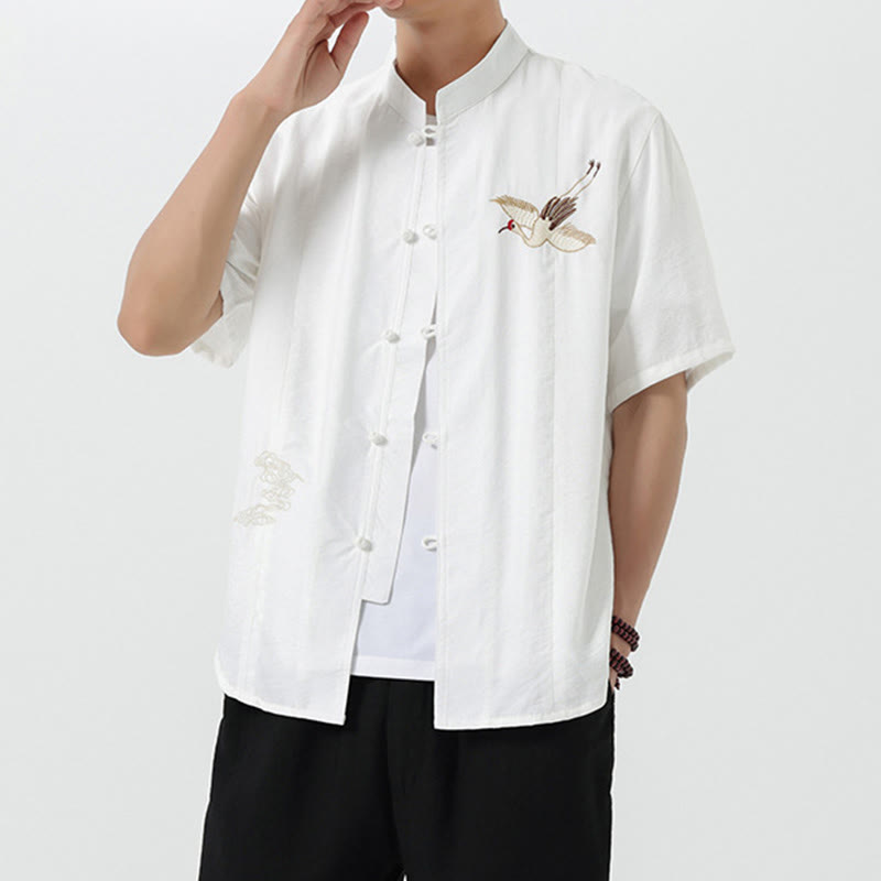 Camicia da uomo in cotone con collo alto, maniche corte, ricamo vintage Buddha Stones e bottoni - image 10