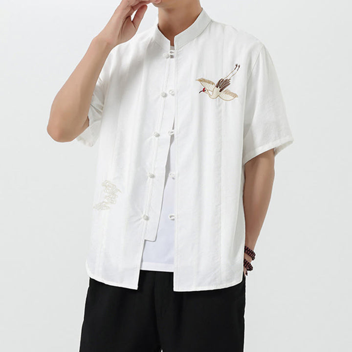 Camicia da uomo in cotone con collo alto, maniche corte, ricamo vintage Buddha Stones e bottoni - image 10