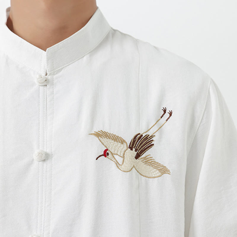 Camicia da uomo in cotone con collo alto, maniche corte, ricamo vintage Buddha Stones e bottoni - image 17