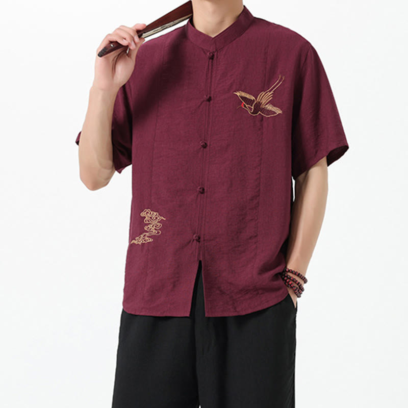 Camicia da uomo in cotone con collo alto, maniche corte, ricamo vintage Buddha Stones e bottoni - image 5