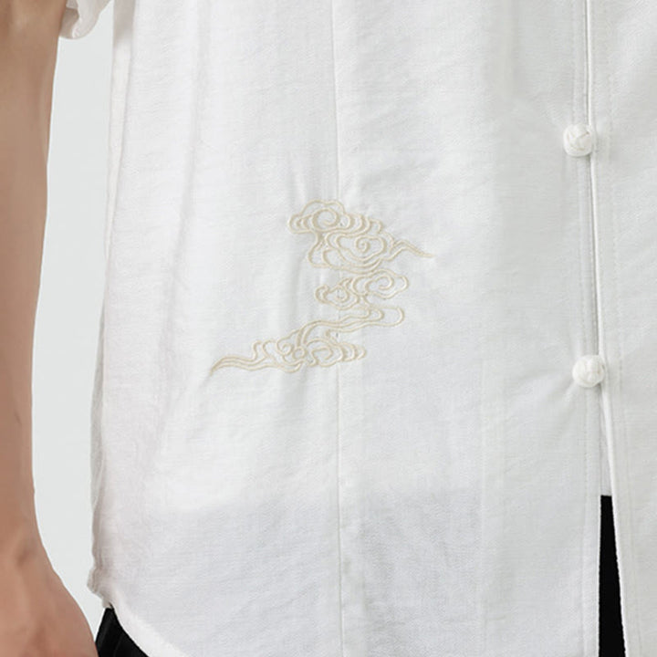 Camicia da uomo in cotone con collo alto, maniche corte, ricamo vintage Buddha Stones e bottoni - image 18