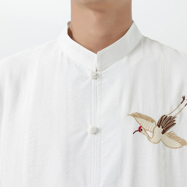 Camicia da uomo in cotone con collo alto, maniche corte, ricamo vintage Buddha Stones e bottoni - image 17