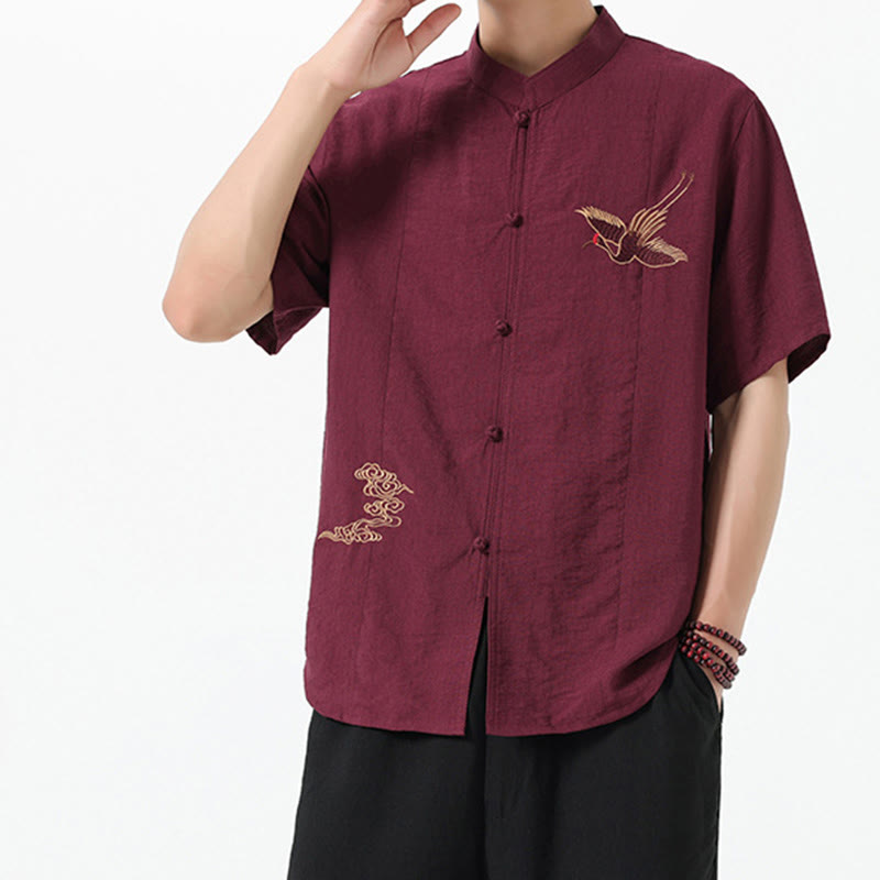 Camicia da uomo in cotone con collo alto, maniche corte, ricamo vintage Buddha Stones e bottoni - image 3