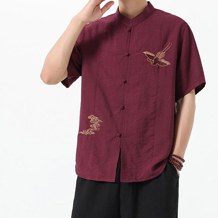Camicia da uomo in cotone con collo alto, maniche corte, ricamo vintage Buddha Stones e bottoni - image 3
