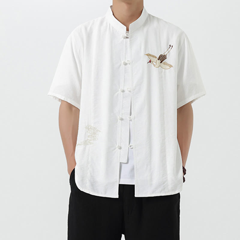 Camicia da uomo in cotone con collo alto, maniche corte, ricamo vintage Buddha Stones e bottoni - image 11