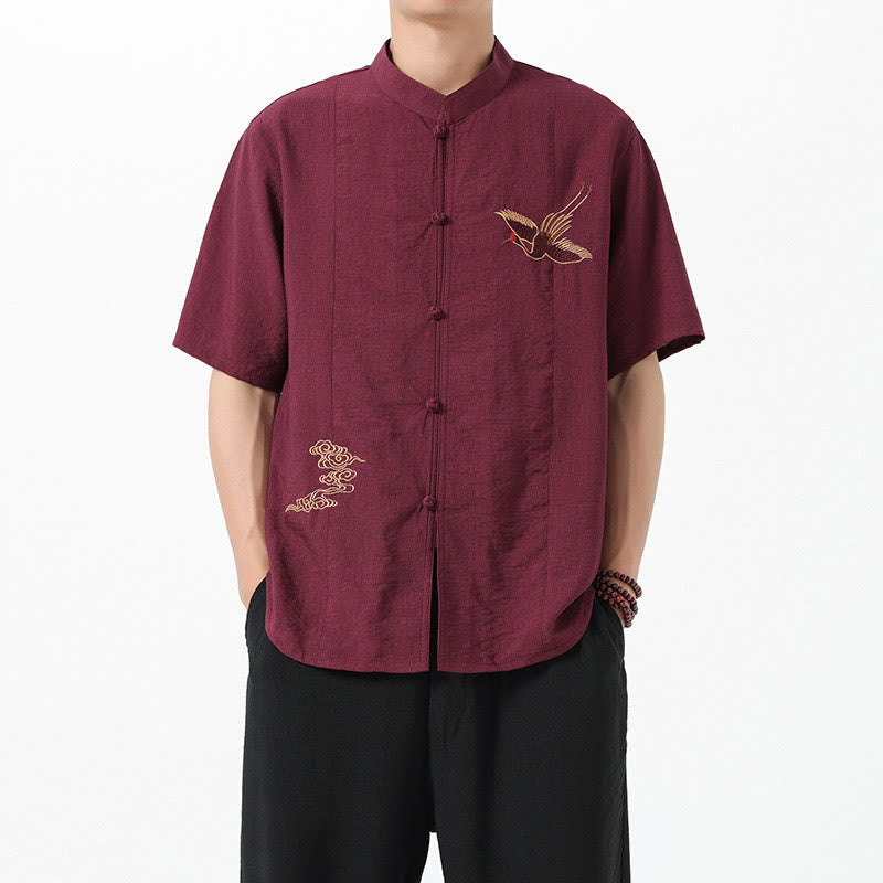 Camicia da uomo in cotone con collo alto, maniche corte, ricamo vintage Buddha Stones e bottoni - image 2