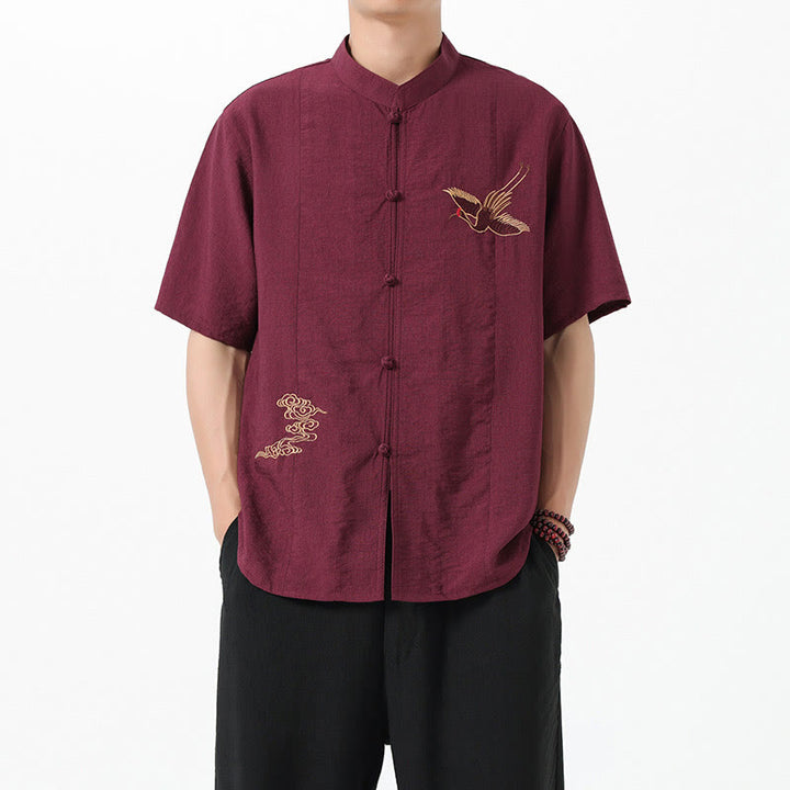 Camicia da uomo in cotone con collo alto, maniche corte, ricamo vintage Buddha Stones e bottoni - image 2