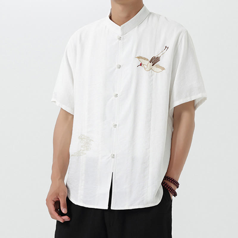 Camicia da uomo in cotone con collo alto, maniche corte, ricamo vintage Buddha Stones e bottoni - image 12