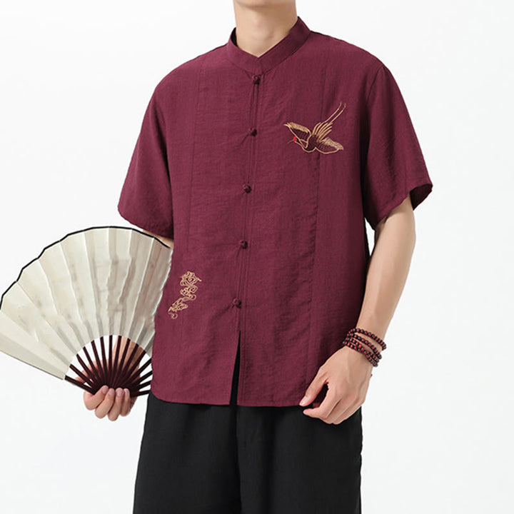 Camicia da uomo in cotone con collo alto, maniche corte, ricamo vintage Buddha Stones e bottoni - image 7
