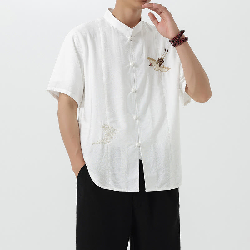 Camicia da uomo in cotone con collo alto, maniche corte, ricamo vintage Buddha Stones e bottoni - image 12