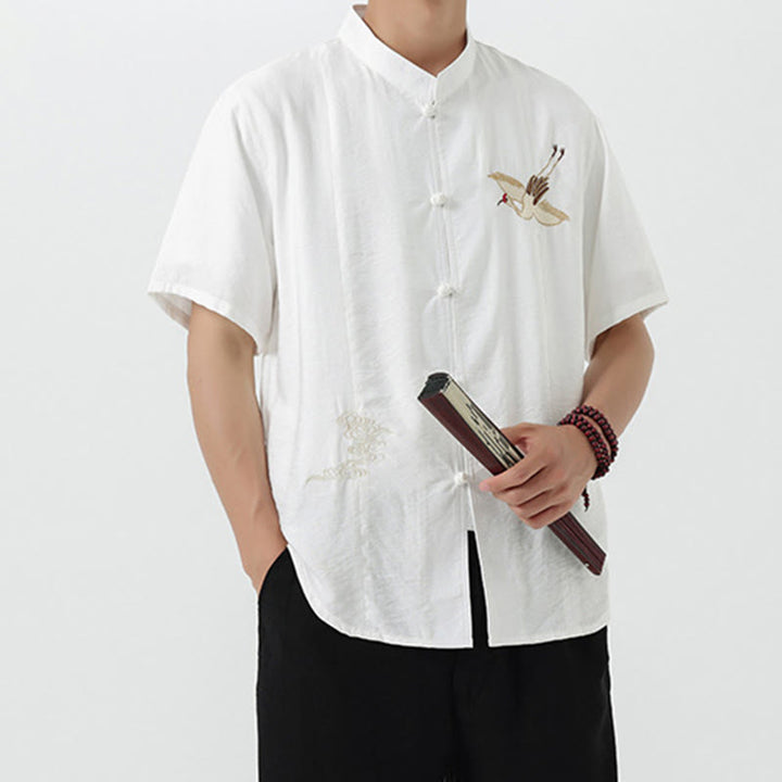 Camicia da uomo in cotone con collo alto, maniche corte, ricamo vintage Buddha Stones e bottoni - image 15