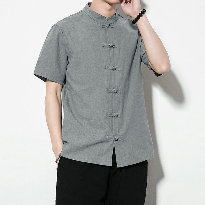 Buddha Stones da uomo in lino a maniche corte con bottoni a rana sul davanti, tinta unita, stile cinese, stile tang - image 32