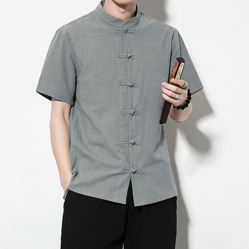 Buddha Stones da uomo in lino a maniche corte con bottoni a rana sul davanti, tinta unita, stile cinese, stile tang - image 35