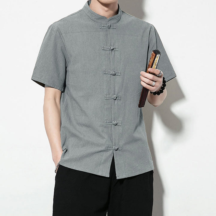 Buddha Stones da uomo in lino a maniche corte con bottoni a rana sul davanti, tinta unita, stile cinese, stile tang - image 35