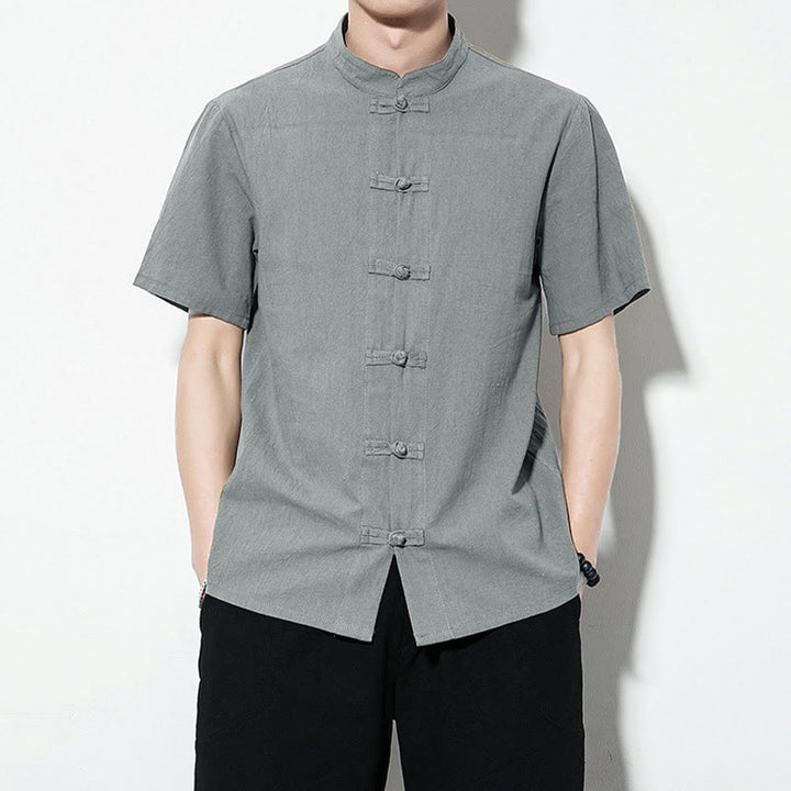Buddha Stones da uomo in lino a maniche corte con bottoni a rana sul davanti, tinta unita, stile cinese, stile tang - CadetBlue - US/UK/AU46, EU56 (5XL) - image 29