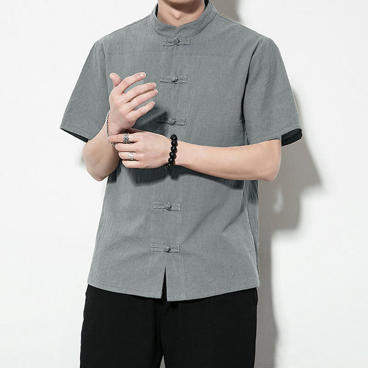 Buddha Stones da uomo in lino a maniche corte con bottoni a rana sul davanti, tinta unita, stile cinese, stile tang - image 34
