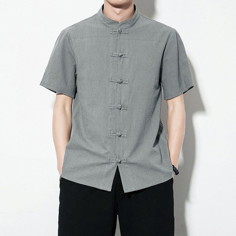 Buddha Stones da uomo in lino a maniche corte con bottoni a rana sul davanti, tinta unita, stile cinese, stile tang - CadetBlue - US/UK/AU46, EU56 (5XL) - image 29