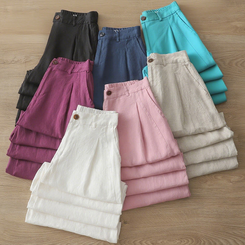 Pantaloni larghi da donna in cotone con tasche e cerniera, stile retrò casual Buddha Stones
