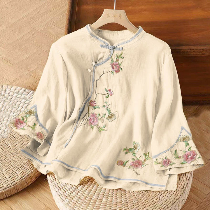 Buddha Stones da donna in cotone e lino con scollo a giro, casual, vintage, con ricamo a fiori, motivo cinese a rana e bottoni - LemonChiffon - US12, UK/AU16, EU44 (3XL) - image 4