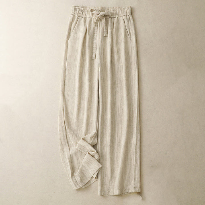Pantaloni da donna in cotone a gamba larga con tasche, modello Buddha Stones, casual, estivi, con lacci e texture.