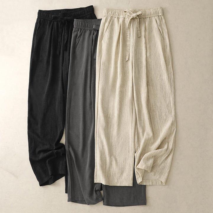 Pantaloni da donna in cotone a gamba larga con tasche, modello Buddha Stones, casual, estivi, con lacci e texture.