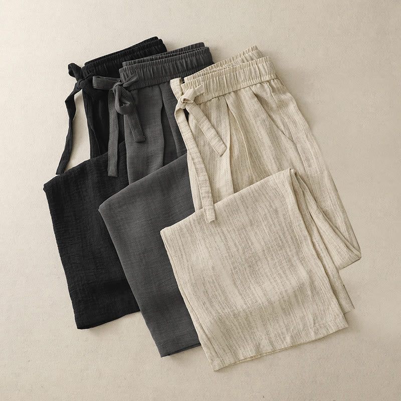 Pantaloni da donna in cotone a gamba larga con tasche, modello Buddha Stones, casual, estivi, con lacci e texture.