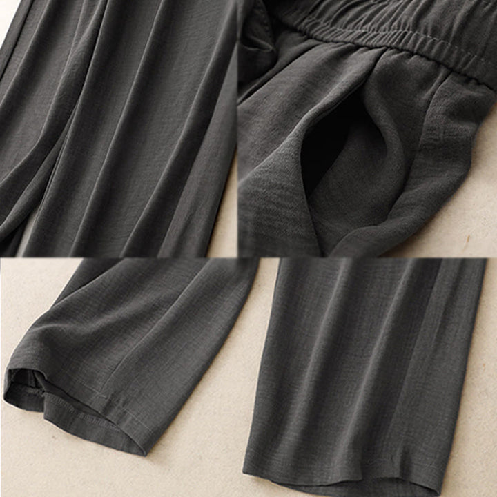 Pantaloni da donna in cotone a gamba larga con tasche, modello Buddha Stones, casual, estivi, con lacci e texture.
