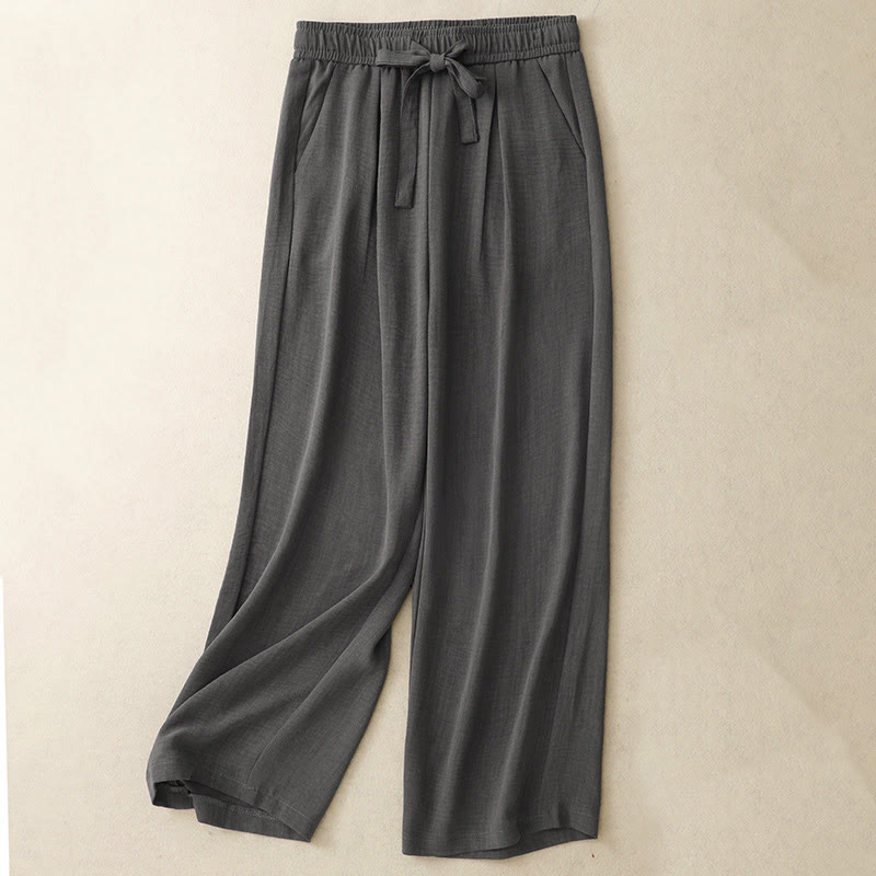 Pantaloni da donna in cotone a gamba larga con tasche, modello Buddha Stones, casual, estivi, con lacci e texture.