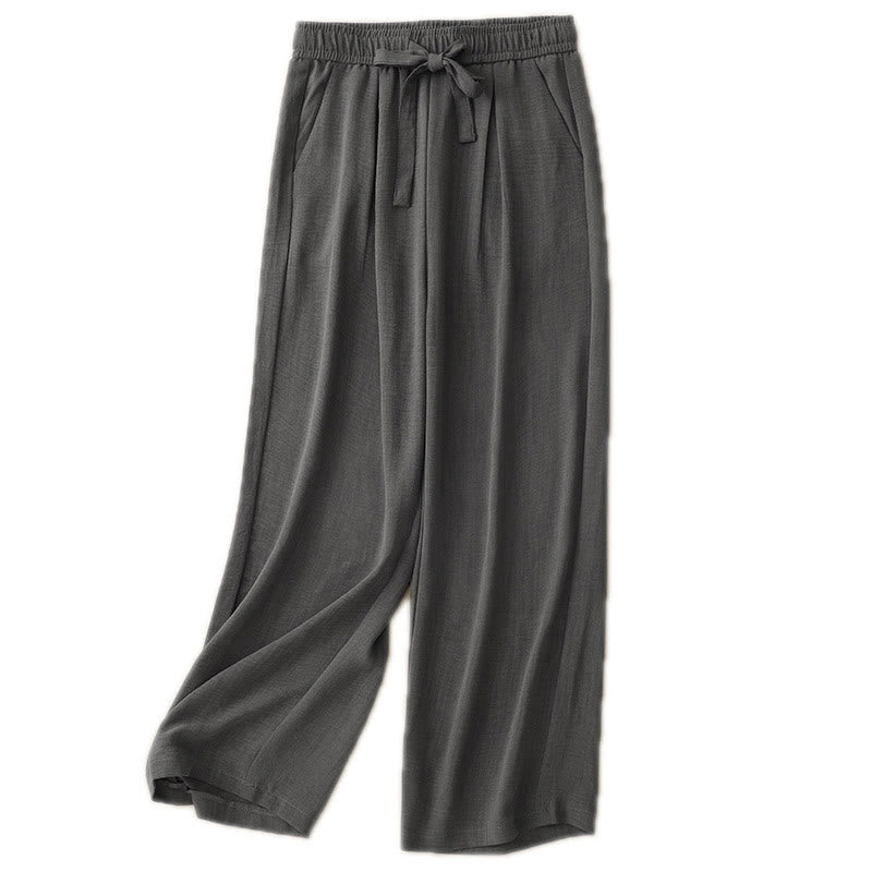 Pantaloni da donna in cotone a gamba larga con tasche, modello Buddha Stones, casual, estivi, con lacci e texture.