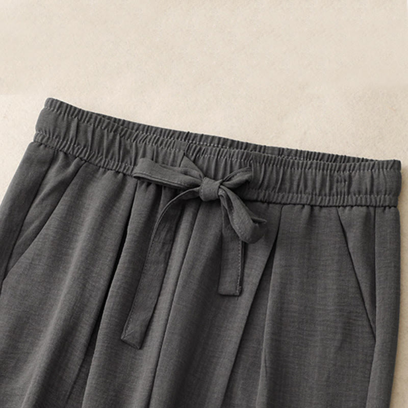 Pantaloni da donna in cotone a gamba larga con tasche, modello Buddha Stones, casual, estivi, con lacci e texture.