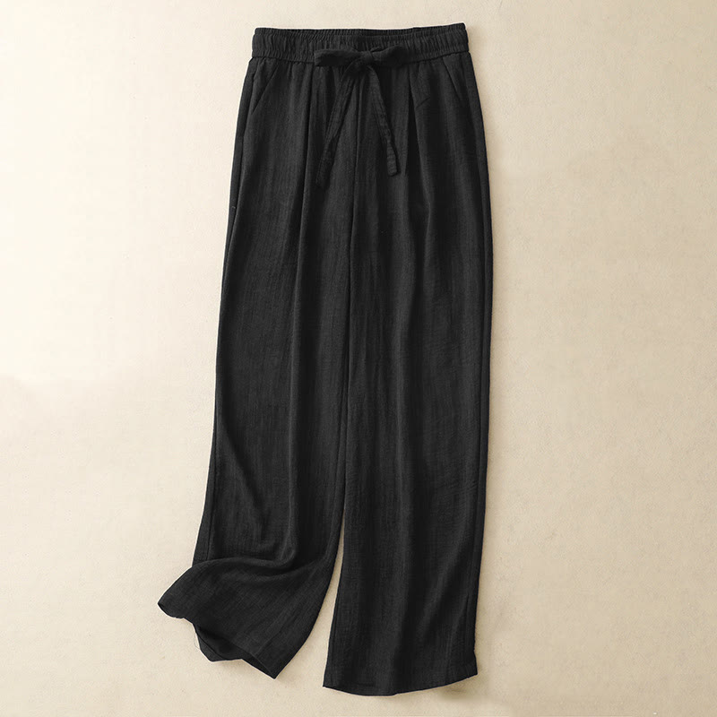 Pantaloni da donna in cotone a gamba larga con tasche, modello Buddha Stones, casual, estivi, con lacci e texture.