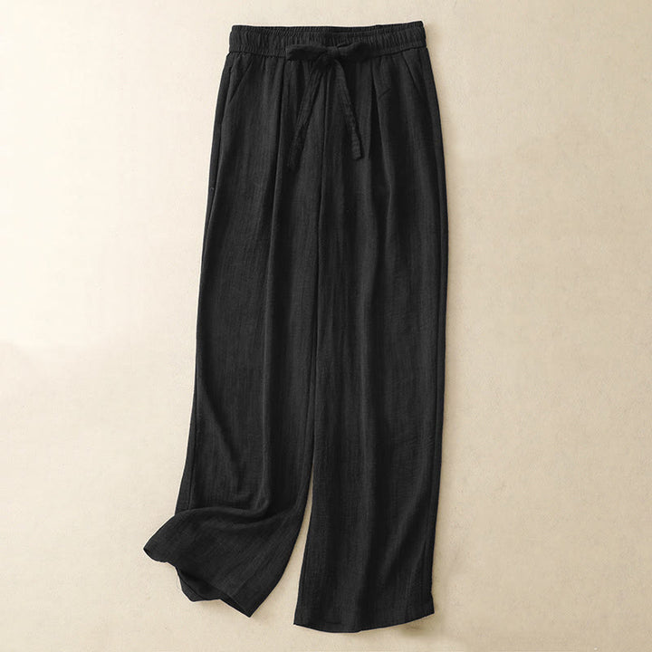 Pantaloni da donna in cotone a gamba larga con tasche, modello Buddha Stones, casual, estivi, con lacci e texture.