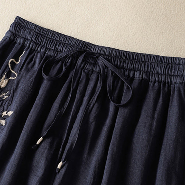 Pantaloni da donna in cotone a gamba larga con coulisse e ricamo Buddha Stones Commute, con tasche