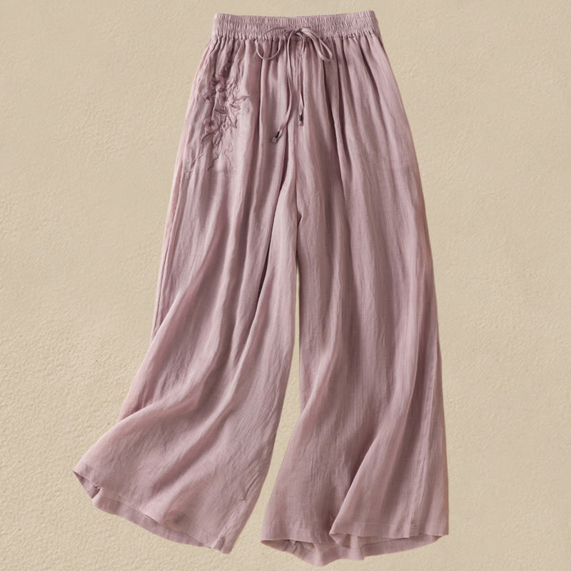 Pantaloni da donna in cotone a gamba larga con coulisse e ricamo Buddha Stones Commute, con tasche