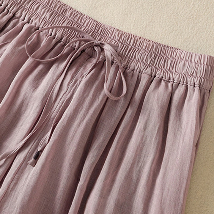 Pantaloni da donna in cotone a gamba larga con coulisse e ricamo Buddha Stones Commute, con tasche