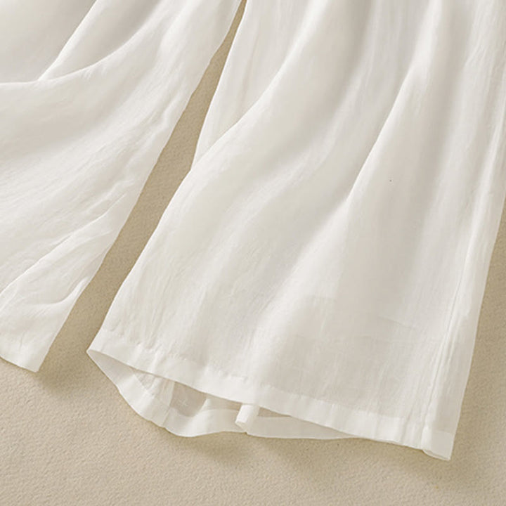Pantaloni da donna in cotone a gamba larga con coulisse e ricamo Buddha Stones Commute, con tasche