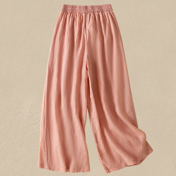 Pantaloni da donna in cotone a gamba larga con coulisse e ricamo Buddha Stones Commute, con tasche
